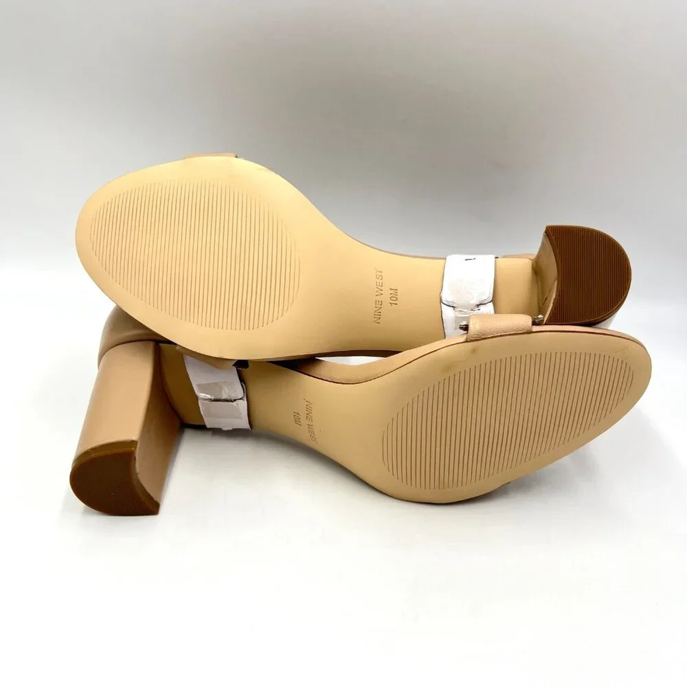 Nine West Womens Size 10 Nude Tan Beige Leather‎ Pruce Sandals Heels Shoes New